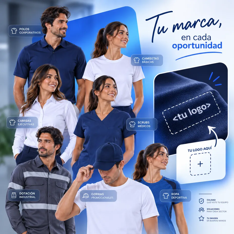 Dotaciones corporativas CONFETEX personalizadas con tu logo: polos, camisas, camisetas, scrubs, dotación industrial, gorras y ropa deportiva